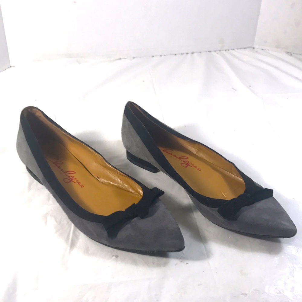 Charly Amar Chnori Pointy Toe Women’s Gray Suede Bow Slip On Ballet Flats